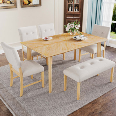 Ensemble de table de salle à manger rustique 6 pièces, table rectangulaire avec 4 chaises rembourrées et banc
