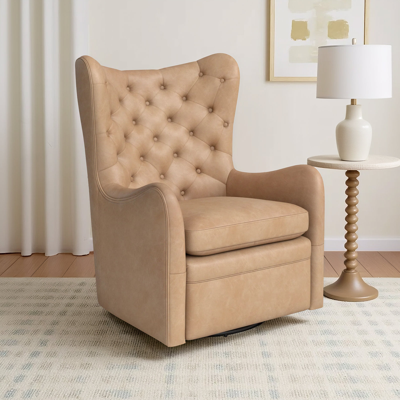Waverly Swivel Wingback Chair, Copley Tan Faux Leather
