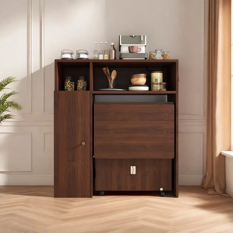 Folding Dining Table And Storage Sideboard With Charging Station, Multifunctional Space-Saving Kitchen Table With Wheels