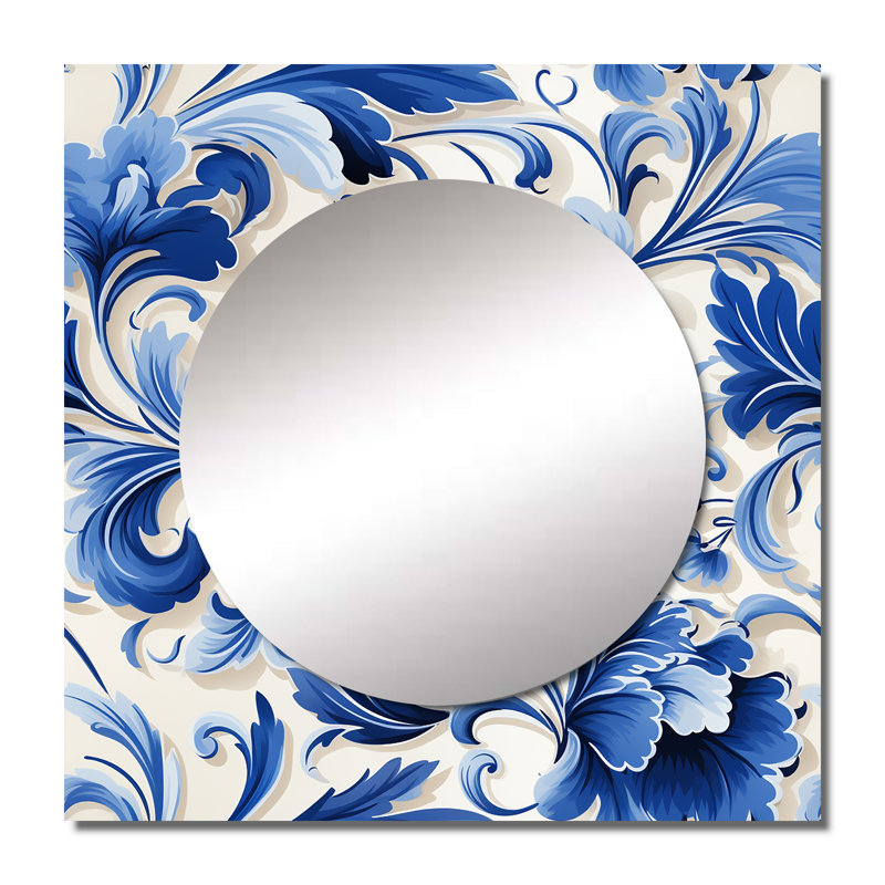 Majestic Cobalt Scrolls Victorian Pattern - Floral Square Mirror For Wall Art Decor, 23" x 23"