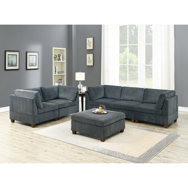 Chenille moderne gris 6 pièces - Mobilier de salon avec dossier rembourré et contreplaqué modulaire en bois