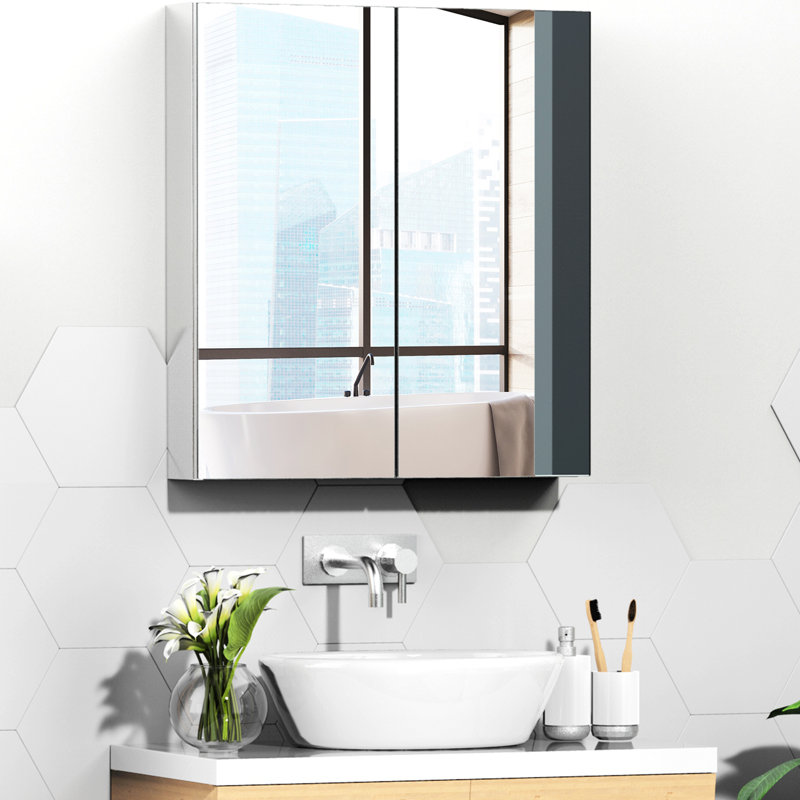 Bathroom Mirrored Cabinet, Medicine Cabinet, Wall-Mounted Storage Organizer With Double Doors