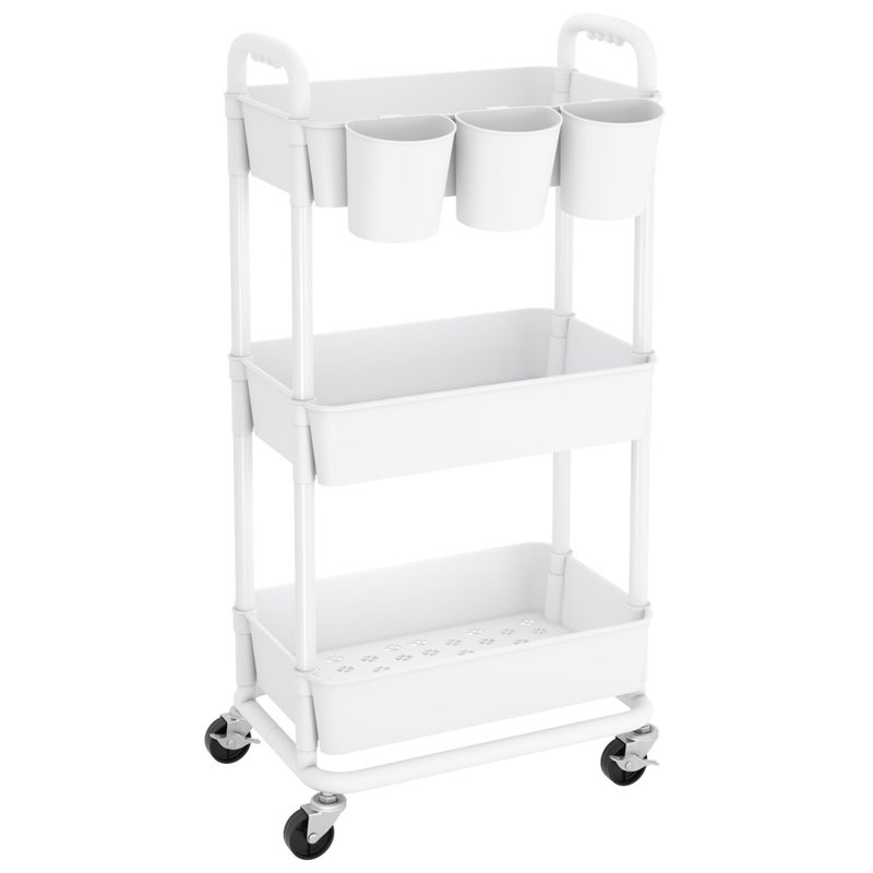 3‑Tier Plastic Utility Rolling Cart with Hanging Cups, Handles and Lockable Wheels