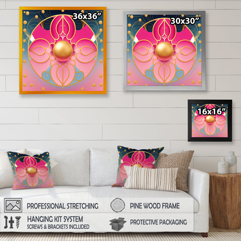 «Pink and Gold Abstract Flower», reproduction sur toile, H 30 po x l 30 po x P 1 po, Impression noire sur toile encadrée