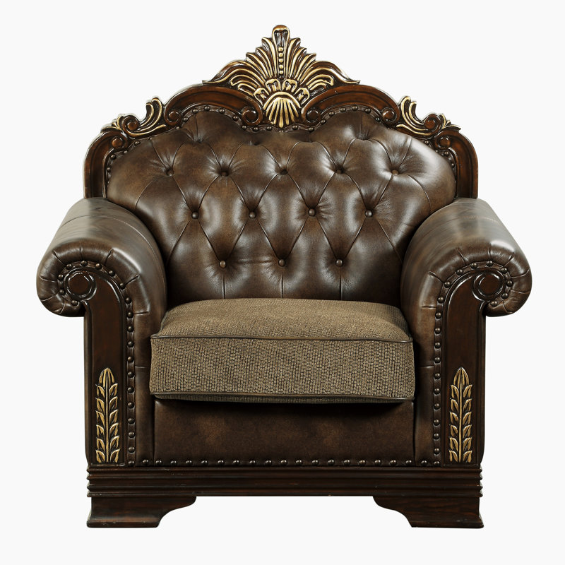 Vega 46" Traditional Accent Chair with Faux Leather and Microfiber upholstery, Button-Tufted Back, Foam over Pocket Coils