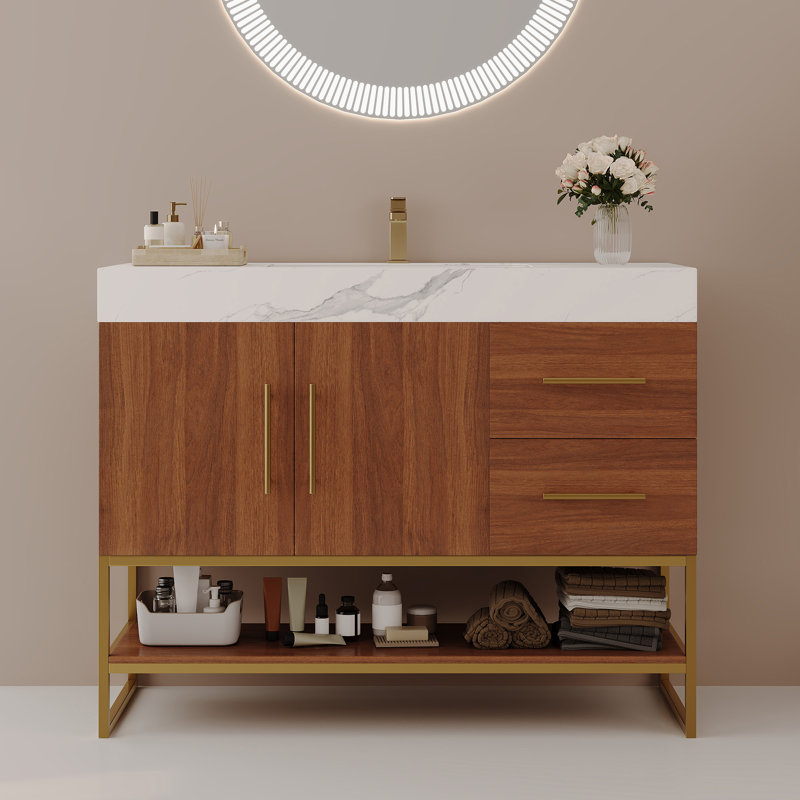 Modern Bathroom Vanity with Sink &  Accent Free Standing Cabinet, White, Gold,Walnut