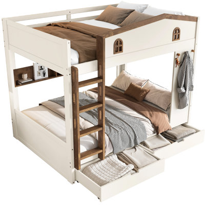 Queen Over Bunk Bed, Beige & Natural Color Rate, Solid Wood, Storage Drawers, Shelves, Hooks And Without Box Spring Bed Featuring Fusion Result, No Needed For Restorative Sleep Quality