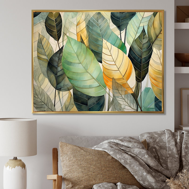 Feuilles vertes et jaunes tranquillité sur toile, Cadre flottant doré, H 24 po x l 32 po x P 1 po