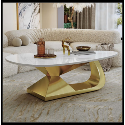 Table basse moderne en pierre frittée avec base en acier inoxydable