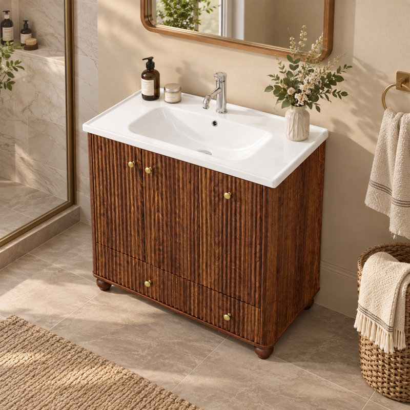 Ensemble de meuble-lavabo flottant moderne 36 "avec lavabo en céramique intégré, meuble-lavabo mural Wavy-Line