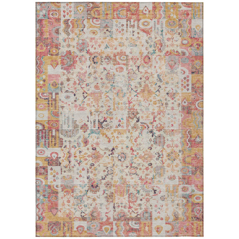 Tapis d'extérieur lavable en patchwork rose et ivoire 9 pi x 12 pi