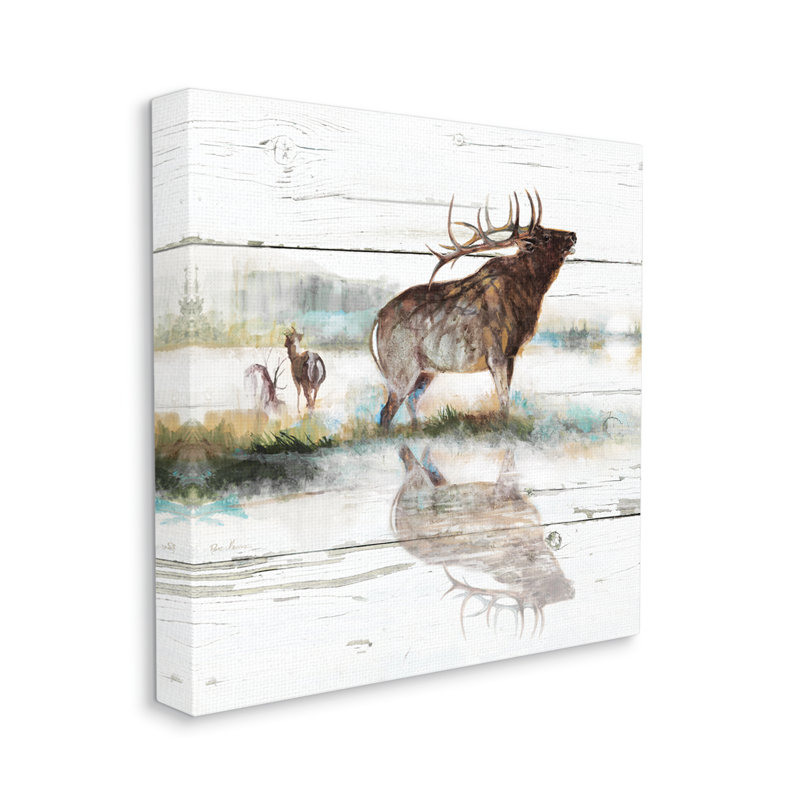 Rustic Symmetrical Elk and Deer Landscape Canvas Print, 17x17