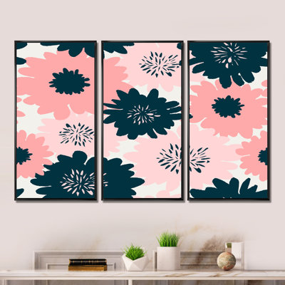 «Pink and Black Flowers II», reproduction sur toile flottante 3 pièces