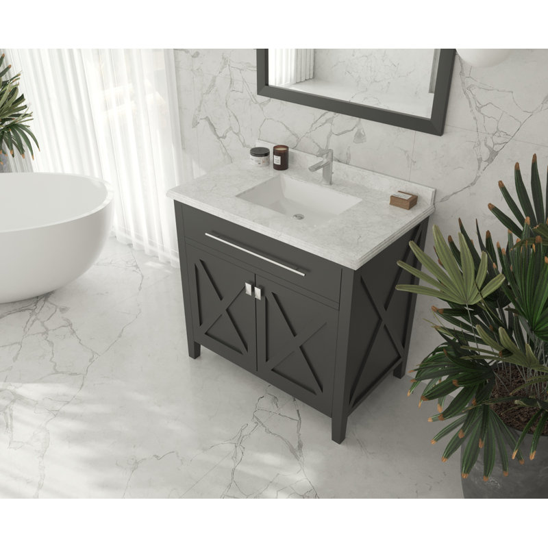 Ensemble de meuble-lavabo simple 36 po Pyles, Espresso, Marbre blanc