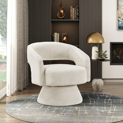 Chaise pivotante en velours côtelé beige - Design moderne, base en bois massif, sièges confortables pour chambre à coucher avec accents de luxe, fabrication