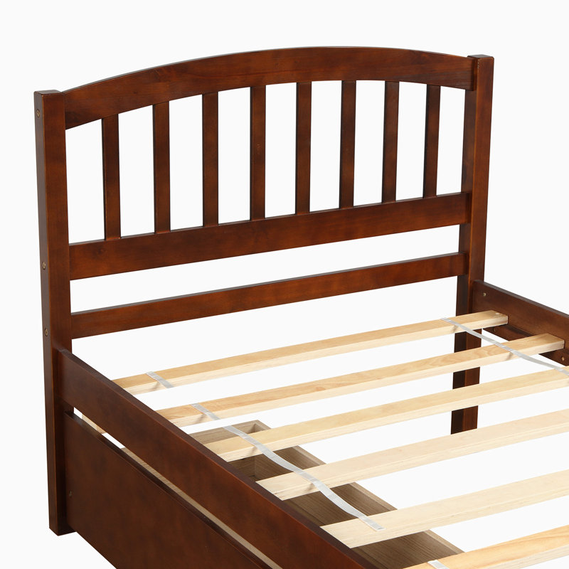 Pine Solid Wood Slat Headboard Design Bed with Drawers, Walnut