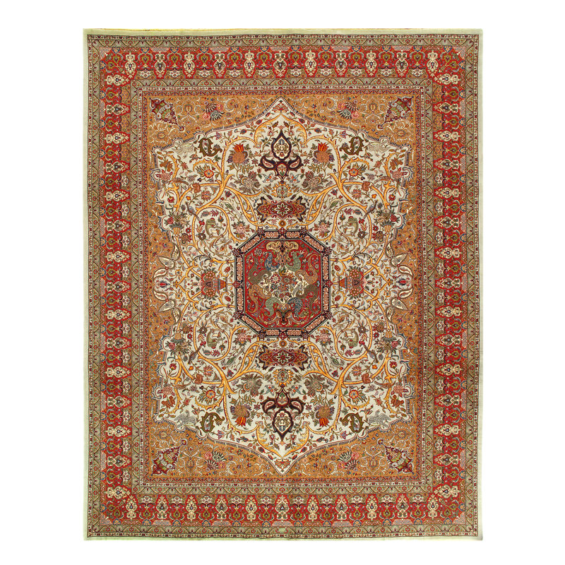 Tapis de zone noué la ivoire/rouge 10 pi x 13 po one-of-kind à la main Cannes