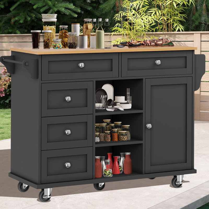 Multifunctional Dining Trolley Rolling Kitchen Cart With Drawers, Cabinets,134×46×92 Cm, Black