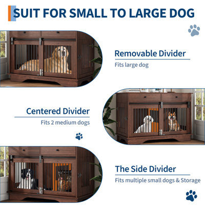Multi-Functional Dog Crate Furniture – 47" Large Wooden Kennel Table with Removable Divider, 2 Storage Drawers, Triple Door, Heavy Duty, End Table Style for Large, Medium, Small Dogs, Classic Brown