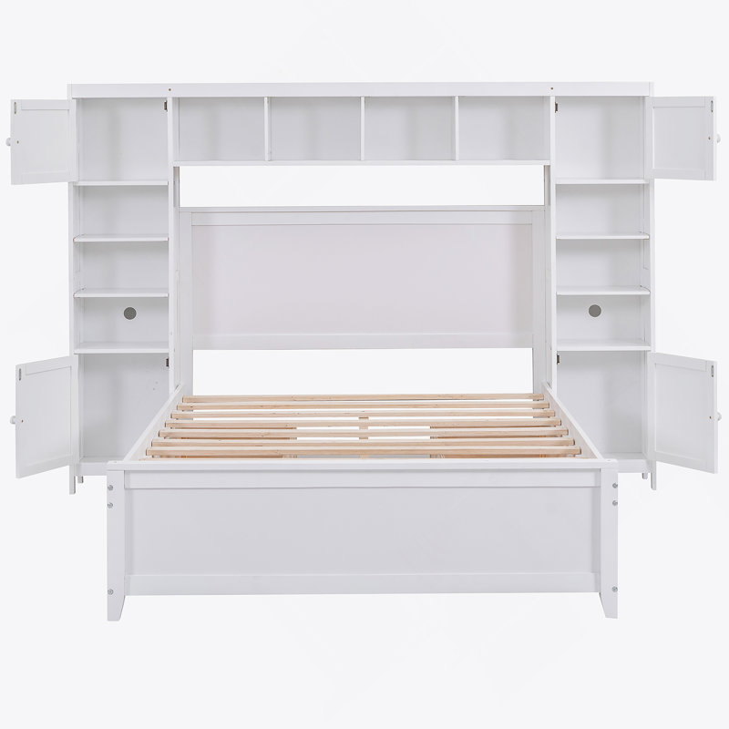 Full Size Wooden Bed With All-In-One Cabinet And Shelf, White