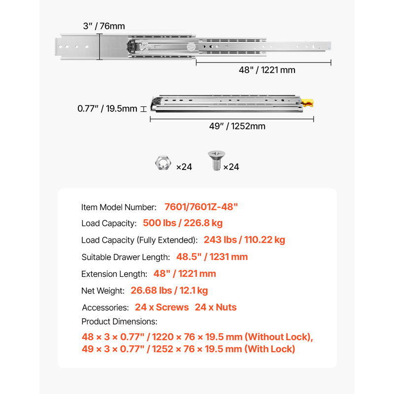 1 Pair 16-60 in Soft-Close Drawer Slides Ball Bearing Full Extension, 0.77" H x 49" W x 3" D