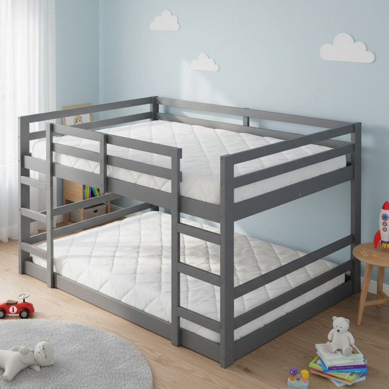 Lit superposé simple au-dessus de simple en bois massif avec échelle pour garçons et filles, Full Over Full, Gris