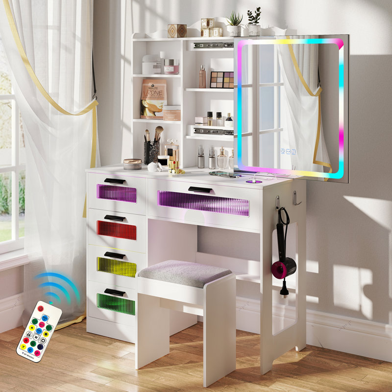 Ensemble de coiffeuse moderne à DEL avec miroir coulissant et prise de courant pour femme,, Blanc