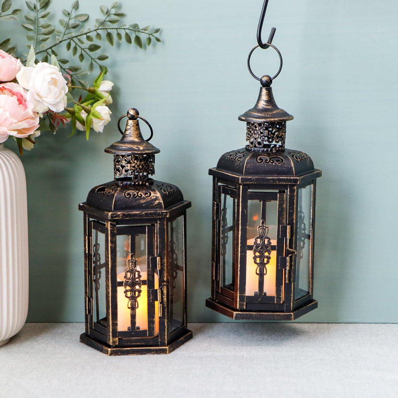 Decorative Candle Lanterns Set Of 2 10" H Vintage Hanging Lanterns Metal Candleholders For Indoor Outdoor Home Parities And Weddings (Black With Gold Brush)