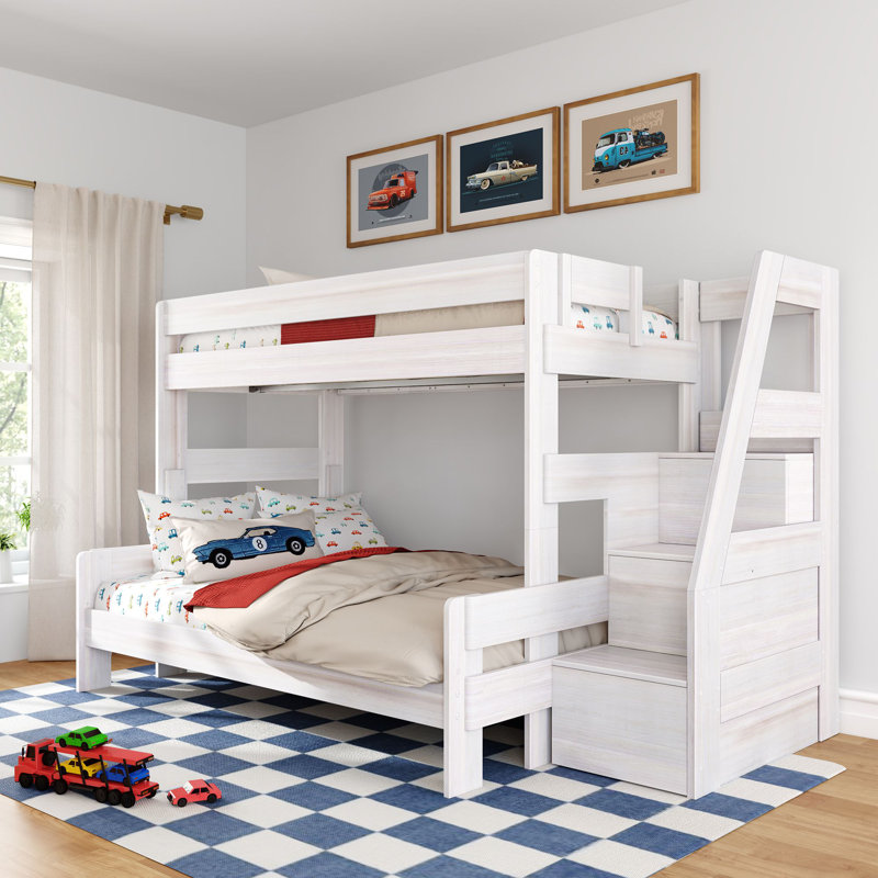 Modern Farmhouse Bunk Bed With Staircase, Twin Over Full, White Wash