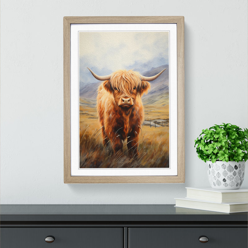 Highland Cow Realism - Single Picture Frame Print on Wood, Oak, 34cm H x 25cm W x 2cm D