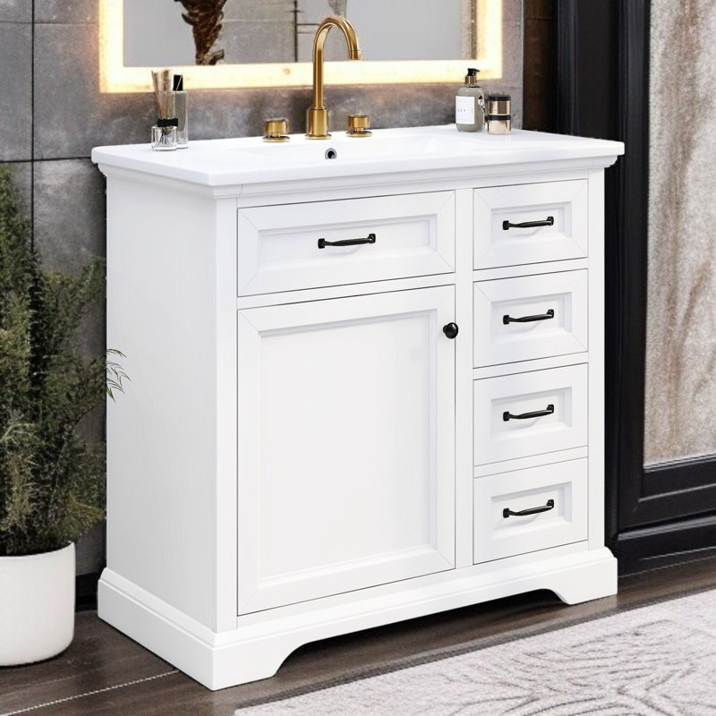 36" Single Bathroom Vanity Set With Ceramic Top, White
