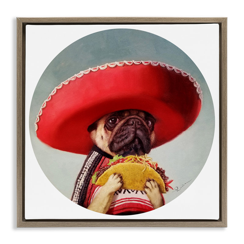 «Pug in Sombrero» par Lucia Heffernan, H 18 po x l 18 po, Cadre flottant orme Montalcino
