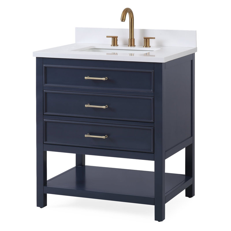 Fleton 30'' Single Bathroom Vanity with Quartz Top, Navy Blue, Gold