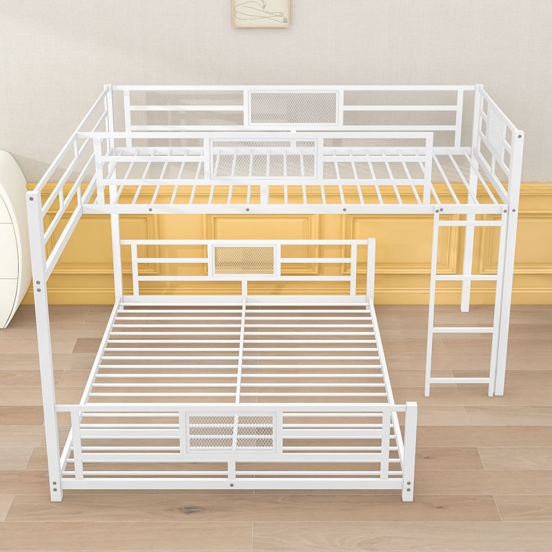 Twin Over Full L-Shaped Metal Bunk Bed With Slats, White