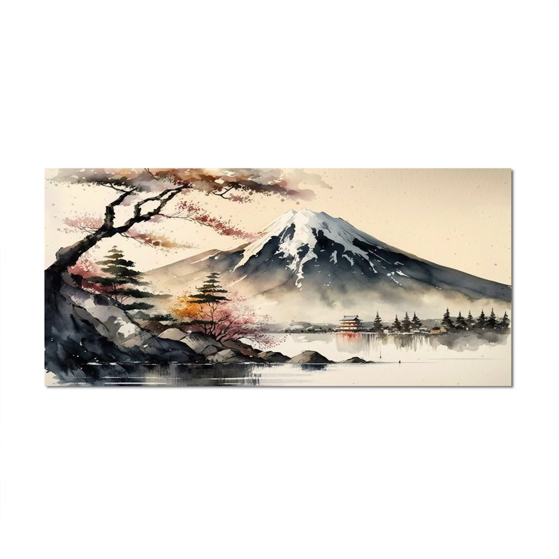 Paysage japonais en aquarelle II - art mural japonais pour le salon, Toile tendue, 24" H x 32" W