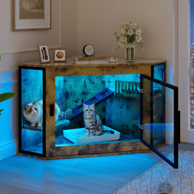 Tiger - 48" Corner Cat Litter Box With Clear Acrylic Door, Led Strip, And Compact Space Usage Look Efficient Arrangement