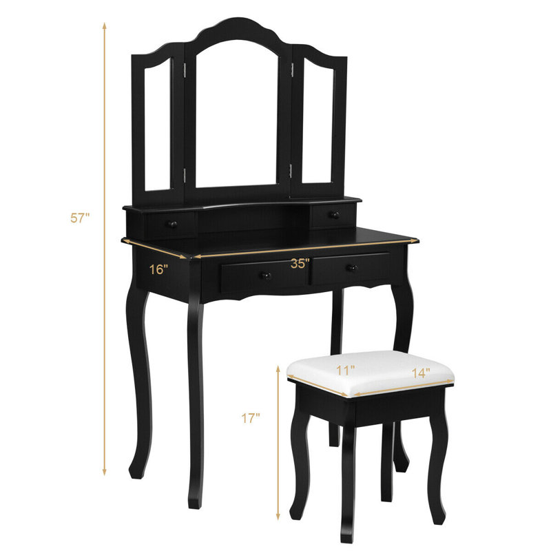 Ensemble coiffeuse avec tabouret et miroir Sindelar, Noir