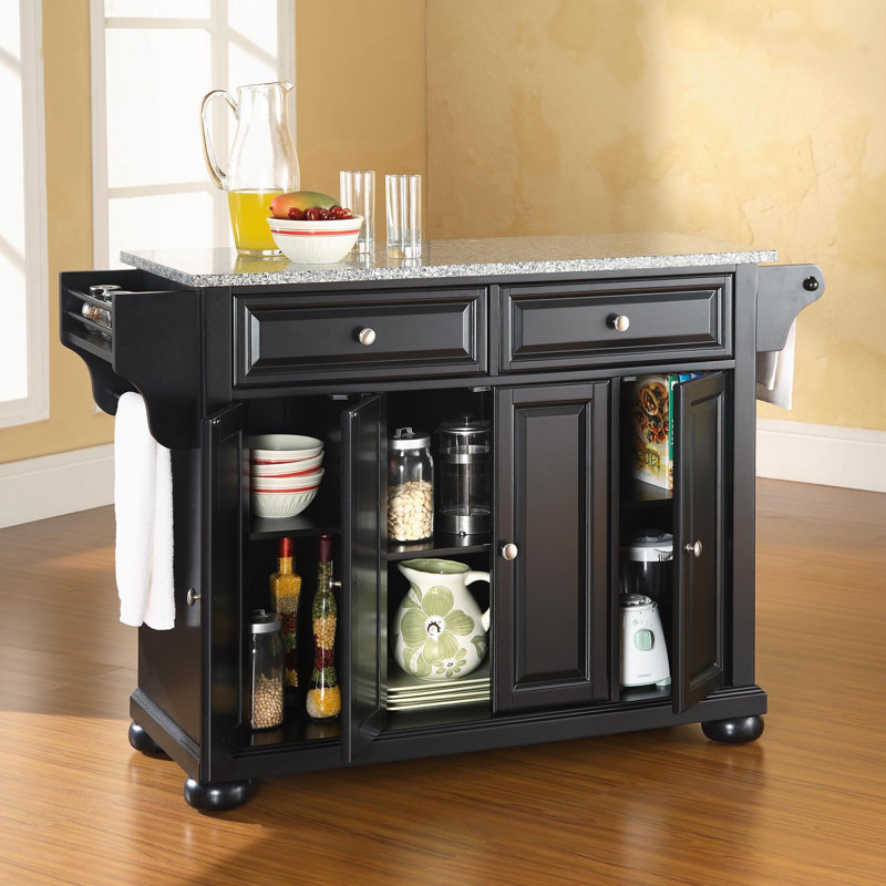 Monty 51.5" Kitchen Island with Granite Top and Locking Wheels, Black