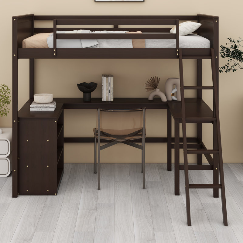 Lit mezzanine avec bureau intégré et tablettes de rangement, Espresso