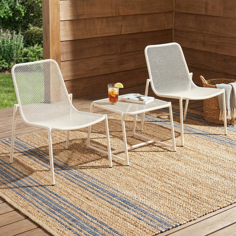 Ensemble de conversation d'extérieur 3 pièces avec cadre en fer - 2 chaises en filet et 1 table d'appoint, Blanc