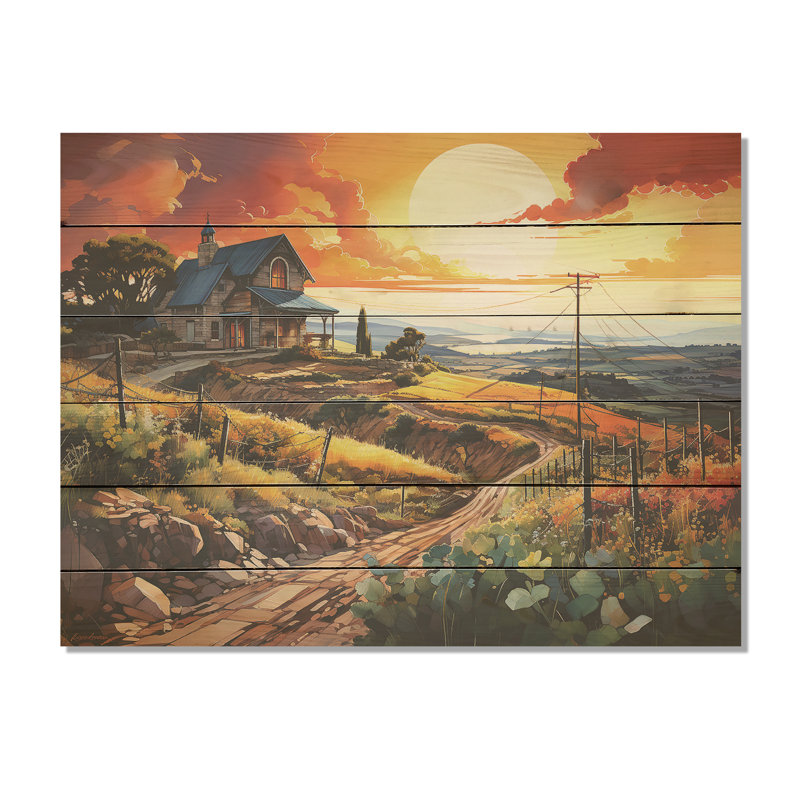 Vineyard Sunset - Vineyard, panneau mural en bois sur bois de pin naturel, H 24 po x l 32 po