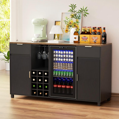 Large Pereira with Fridge Space, Fridge Cabinet with Fluted Door and Adjustable Shelf, Wine Liquor Cabinet with Rack, Buffet Sideboard Table for Dining Room, Living Room, Kitchen