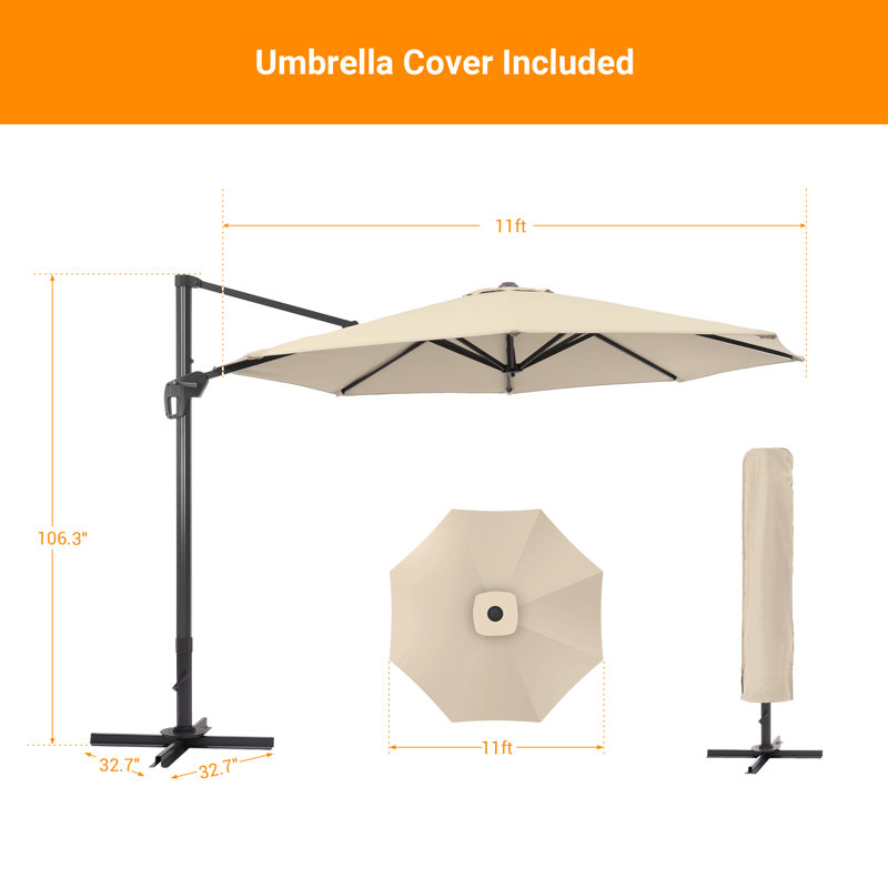 Parasol excentré rond en porte-à-faux avec levée à manivelle Jakye 11FT, Beige