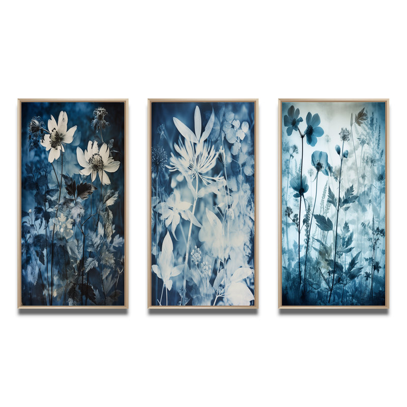 «Fleurs botaniques rétro en bleu délavé rétro I», 3 pièces sur toile, Cadre naturel flottant, H 20 po x l 36 po