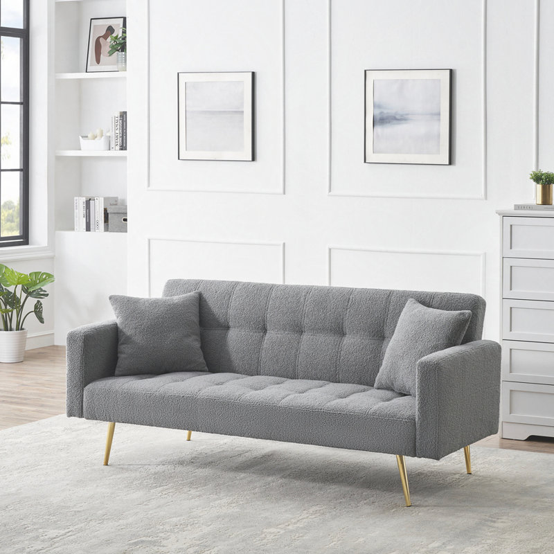 Canapé-lit 71,7 pouces en molleton gris avec deux coussins décoratifs inclus