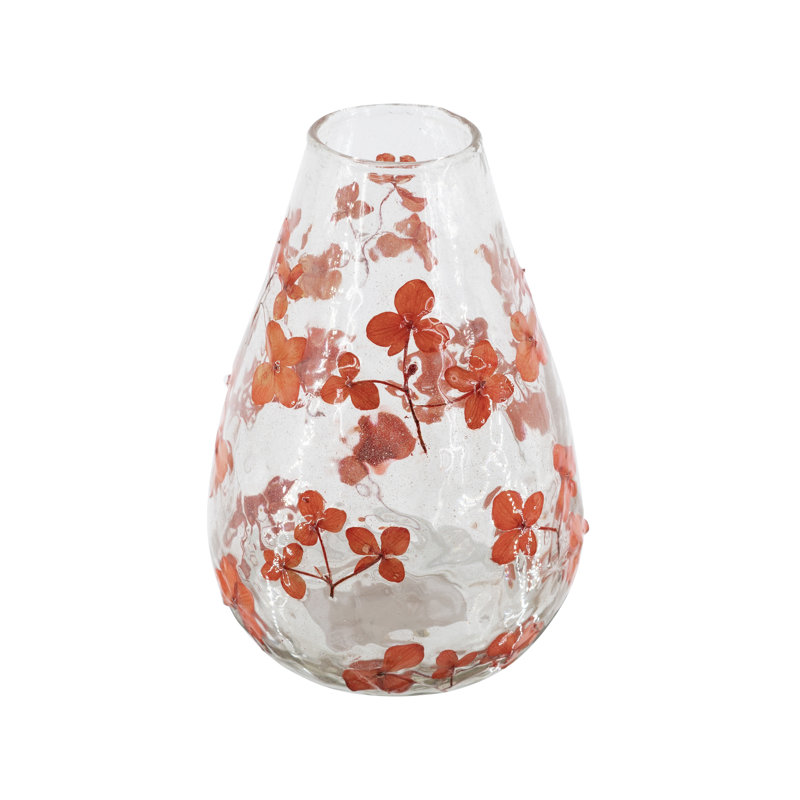 Vase rond en verre transparent avec motif floral rouge, H 7,1 po x P 4,9 po, décoration de table