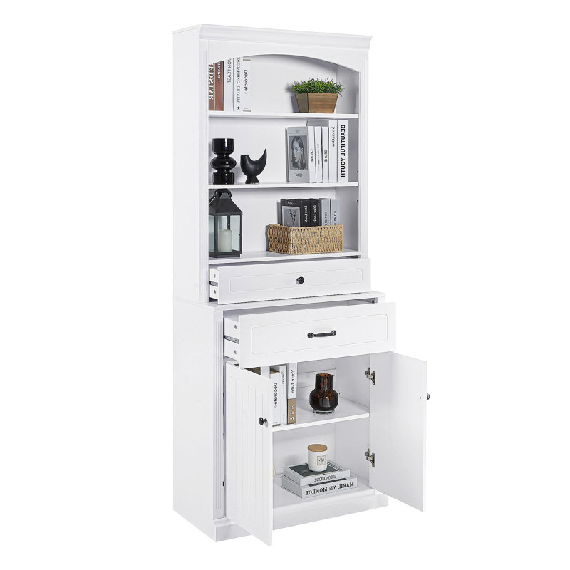 Armoire de rangement blanche avec deux portes, tiroirs, tablette réglable et trois tablettes ouvertes - fabrication en panneau de fibres à densité moyenne durable