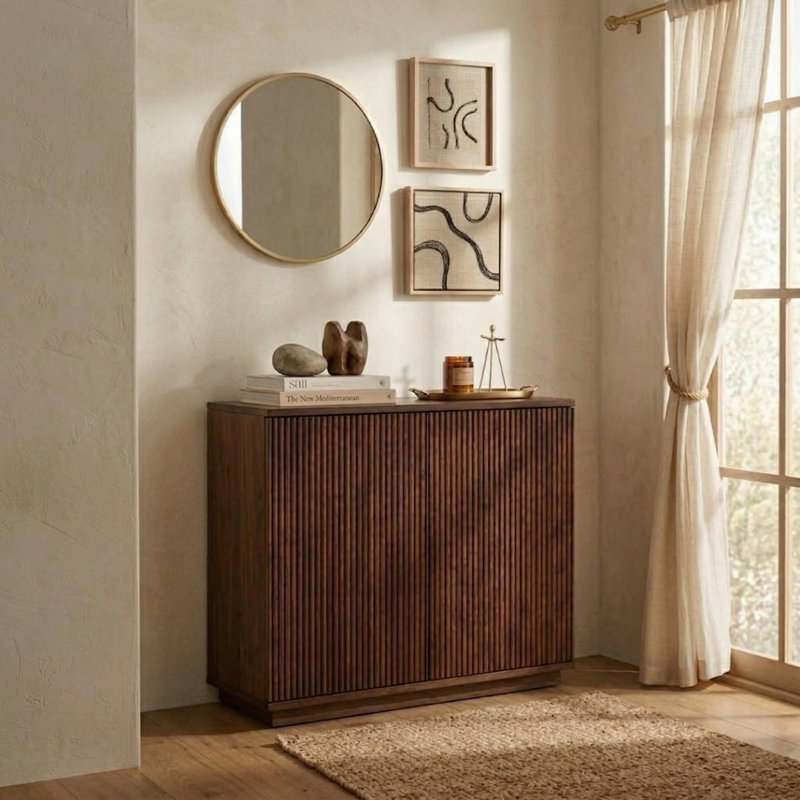 Meuble de rangement VEIL à 2 portes, meuble d'appoint en bois massif avec portes cannelées verticales, système de rangement modulaire, meuble extensible pour salon et meuble télé, montage facile, noyer foncé
