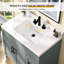 Plan de toilette en surface solide de 76 cm (30 po) de largeur × 56 cm (22 po) de profondeur, avec lavabo central simple intégré, comptoir de salle de bain blanc, dosseret de 9 cm (3,5 po) et 3 trous pré-percés pour robinetterie à entraxe de 20 cm (8 po).