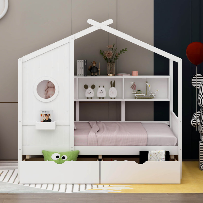 Vidoje Kids Bed with Storage Shelf, Twin, White